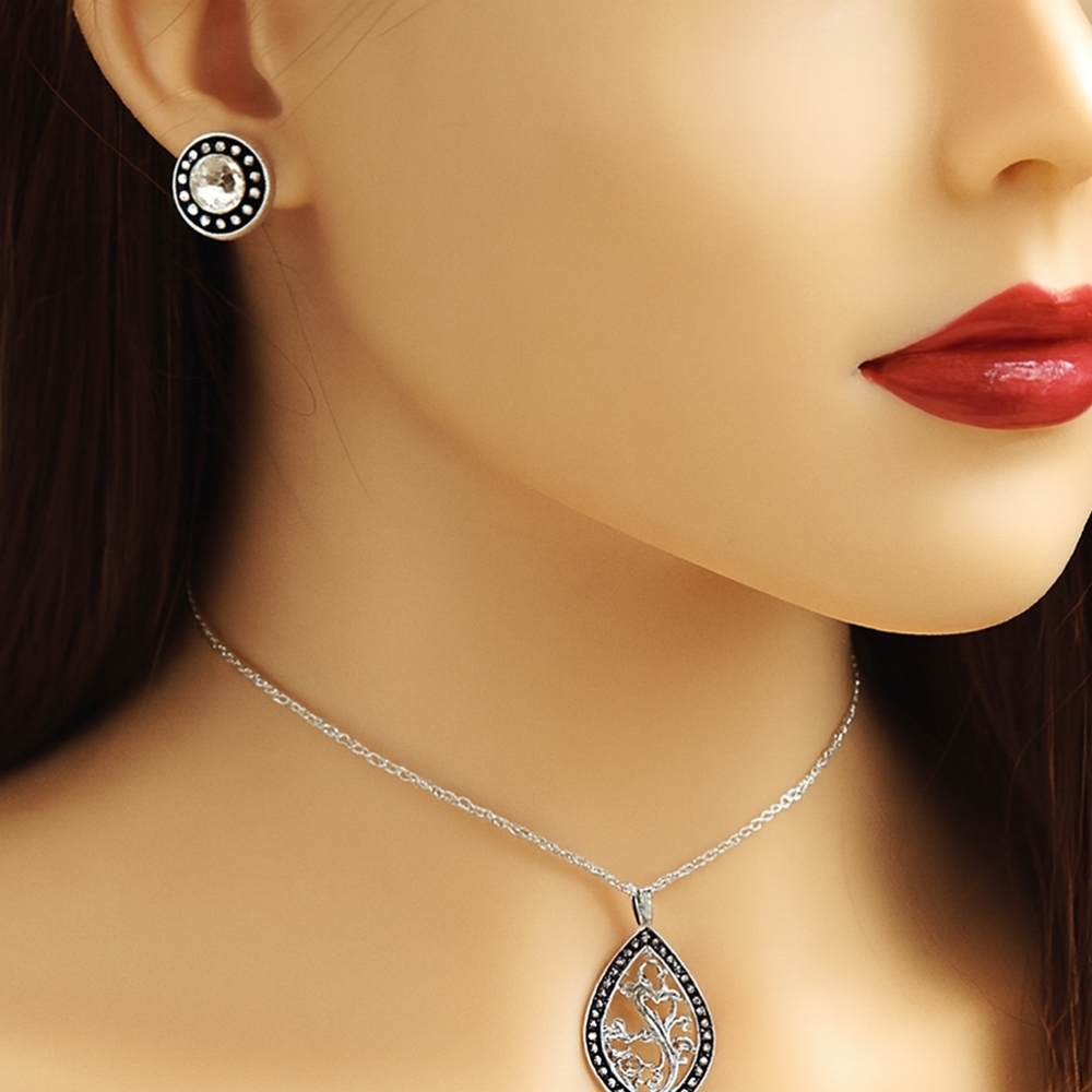 Women's Silver & Black Filigree Pendant Necklace & Earrings - Fashion Jewelry